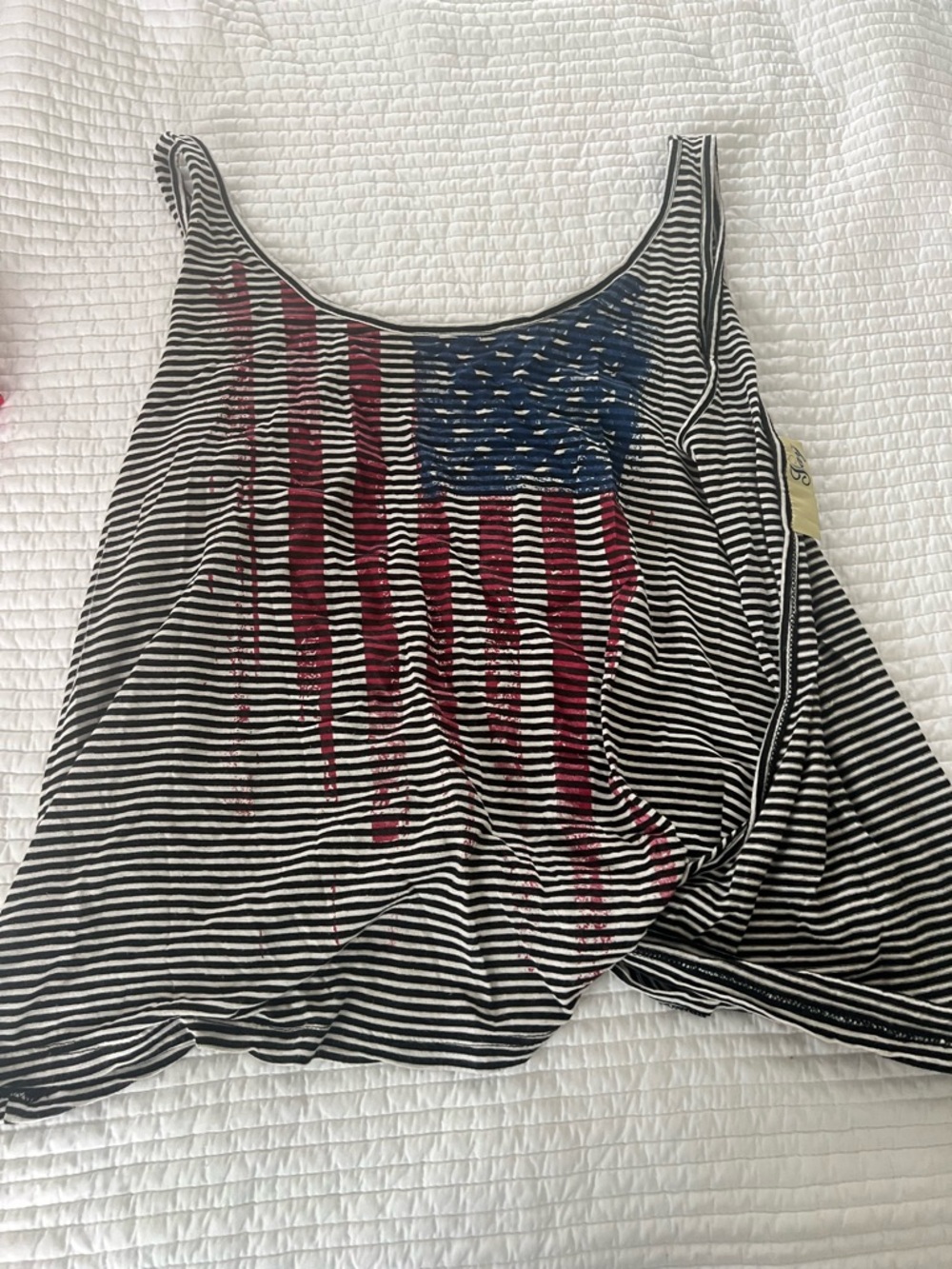 Striped Women's Tank with Distressed Flag Graphic - Black/White